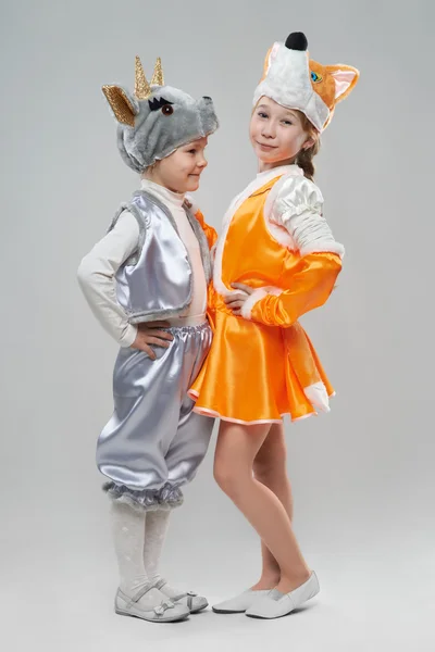 Two  little girl dressed as goats and cows — Stock Photo, Image