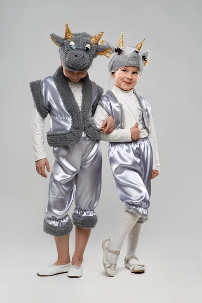 Two  little girl dressed as goats and cows — Stock Photo, Image