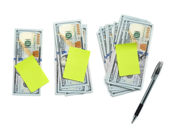 Three stacks of dollars with notes and  pen — Stock Photo, Image