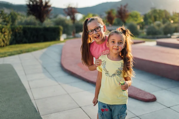 Duas irmãs são felizes no parque — Fotografia de Stock