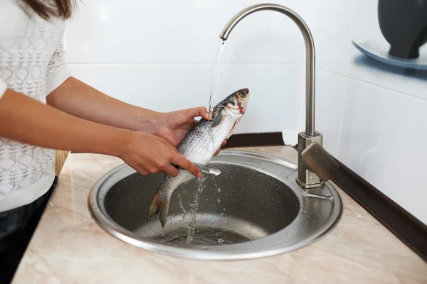 Ragazza scala pesce nel lavandino — Foto Stock