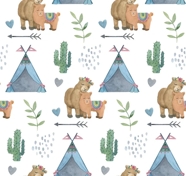 seamless pattern of funny llamas, hand-drawn alpacas, children's print, textile