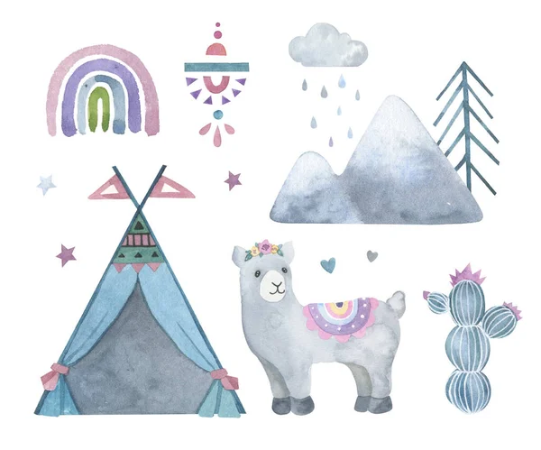 cute alpacas, llamas, mountains, cactus, wigwam, watercolor llamas, rainbow, children\'s clipart cliparts, llama print, scandinavian style, llama and alpaca drawing, scandinavian print