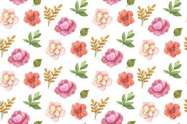 Çiçeklerle kusursuz desen, beyaz arkaplanda suluboya çiçekler, çizimler, şakayıklar, klitoris