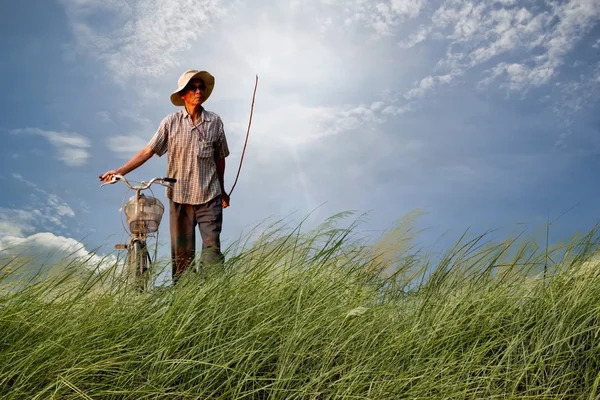 Man riding  bike.on green field and blue sky — Stock Photo, Image