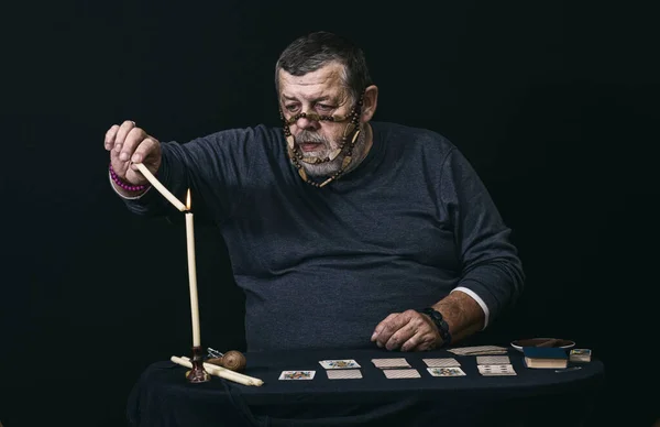 Nice Low Key Portrait Senior Man Mask Soothsayer Lighting Candle — Stock Photo, Image