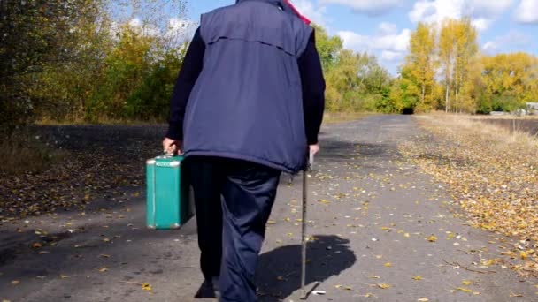 障害のあるシニア男で棒歩行孤独とともに古い緑のスーツケースで田舎道と左折 — ストック動画