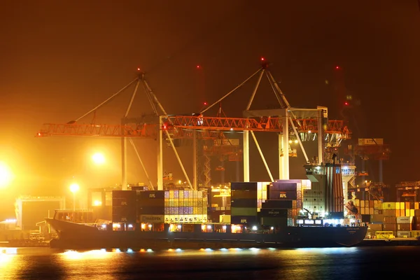 Odessa, Ukrayna, 7 Mart 2016: Bağlantı noktası kargo vinç konteyner kaldırma ve Odessa deniz limanı halinde katı geceleri toplu. Odessa port Karadeniz içinde üçüncü büyük ticaret limanıdır.