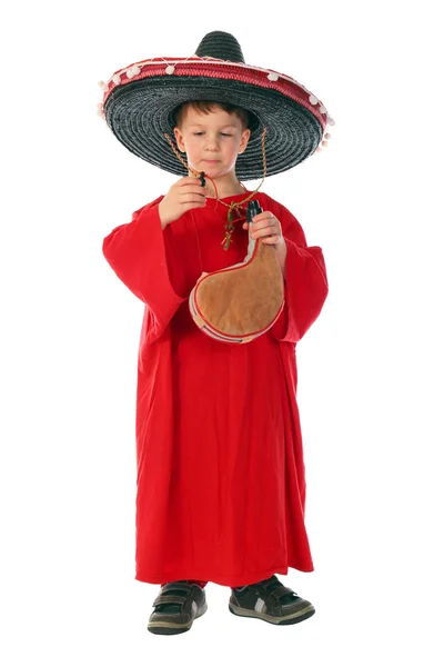 Niño Camisa Roja Española Sombrero Sosteniendo Bolsa Bota Con Vino — Foto de Stock