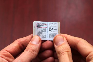 Kharkiv, Ukrayna - 8 Şubat 2021: Avrupa Birliği 'nde İnsan Minyatür Haklarım başlıklı bir kitap tutuyor. Temel Haklar Bildirgesi Lizbon Anlaşması 'nın bir parçasıdır..