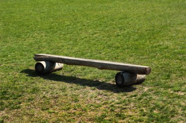 Ahşap kütükler yeşil çimlerin üzerinde bank