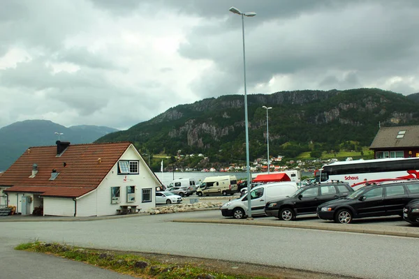 Hjelmeland Norway June 2018 Cars Trucks Port Hjelmelandsvagen Administrative Centre — Stock Photo, Image