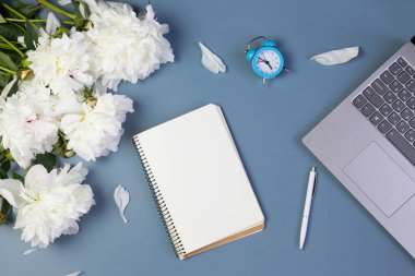 Yazma planları, yapılacaklar listesi veya şakayık, dizüstü bilgisayar, alarmlı rüyalar için açık bir defter, açık mavi arkaplan