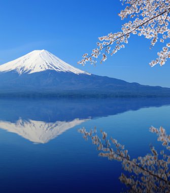 İle su yansıma, Fuji Dağı Gölü Kawaguchiko görüntülemek