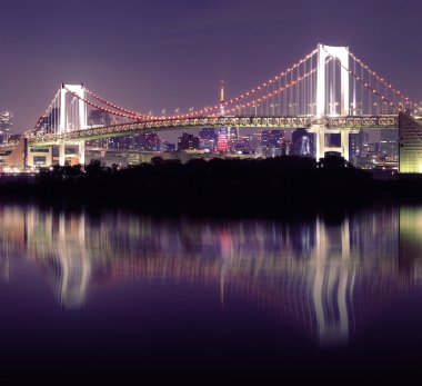 Tokyo Gökkuşağı Köprüsü geceleri ayna yansıması ile