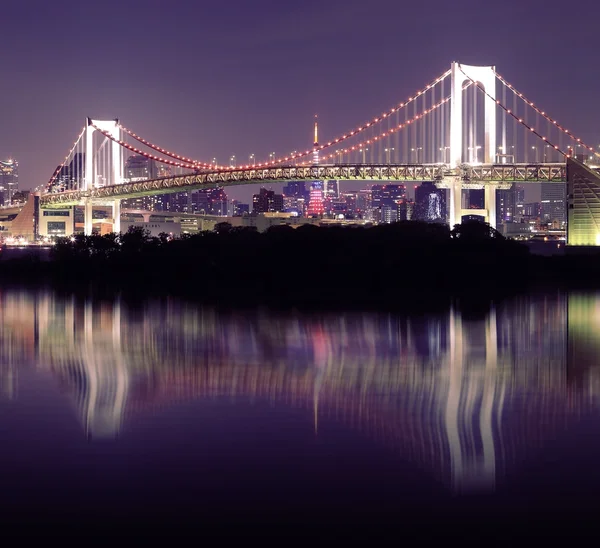 Tokyo Rainbow Bridge with mirror reflection at Night — Stock Photo, Image