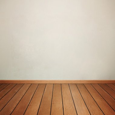 Oda iç beton duvar ve kahverengi ahşap zemin ile