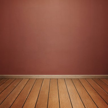 Oda iç beton duvar ve kahverengi ahşap zemin ile