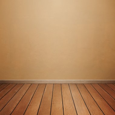 Oda iç beton duvar ve kahverengi ahşap zemin ile