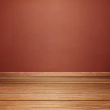 Oda iç beton duvar ve kahverengi ahşap zemin ile