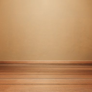 Oda iç beton duvar ve kahverengi ahşap zemin ile