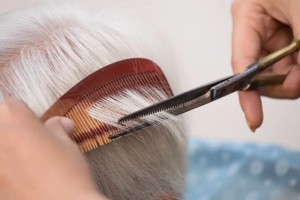 Corte de cabelo grisalho da mulher sênior — Fotografia de Stock
