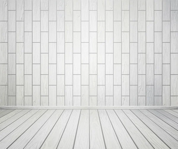 Interno camera bianca con muro di mattoni e pavimento in legno — Foto Stock