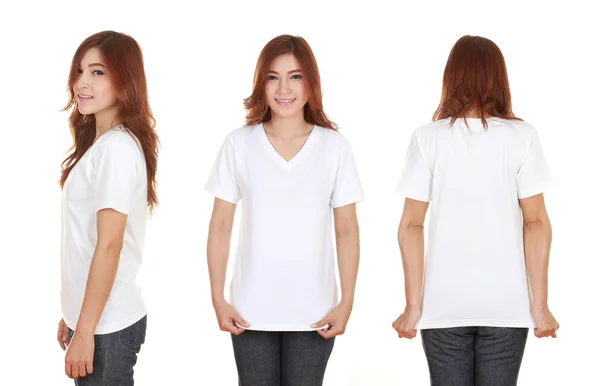 Young beautiful female with blank white t-shirt — Stock Photo, Image