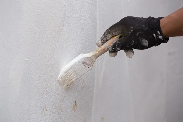 Рука держит кисть покраски белого цвета к бетонной стене — стоковое фото