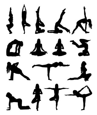 set of sihouette woman doing yoga exercise isolated on white clipart