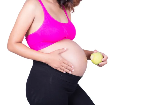 Yeşil elma üzerine beyaz izole güzel hamile kadınla — Stok fotoğraf
