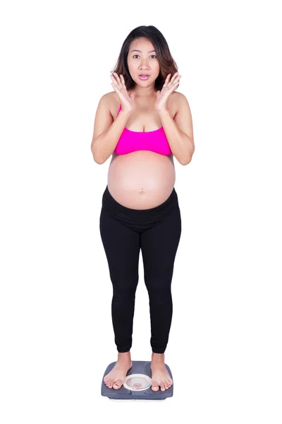 Mujer embarazada conmocionada en escala aislada en blanco —  Fotos de Stock