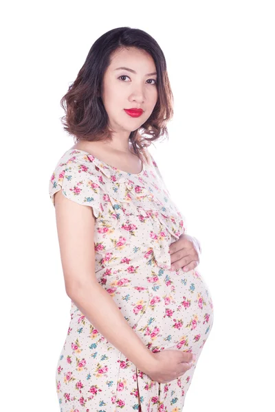 Mulher grávida em vestido isolado no fundo branco — Fotografia de Stock