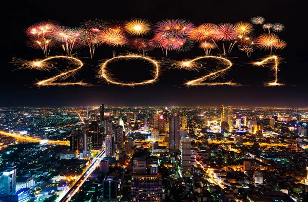 2021 happy new year fireworks celebrating over Bangkok cityscape at night, Thailand