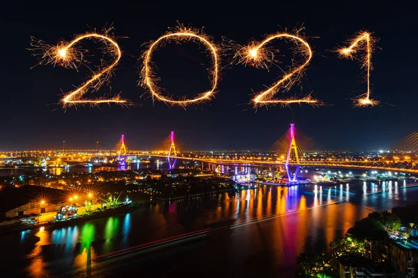 2021 Happy New Year Fireworks Celebrating Bhumibol Suspension Bridge Night — Stock Photo, Image