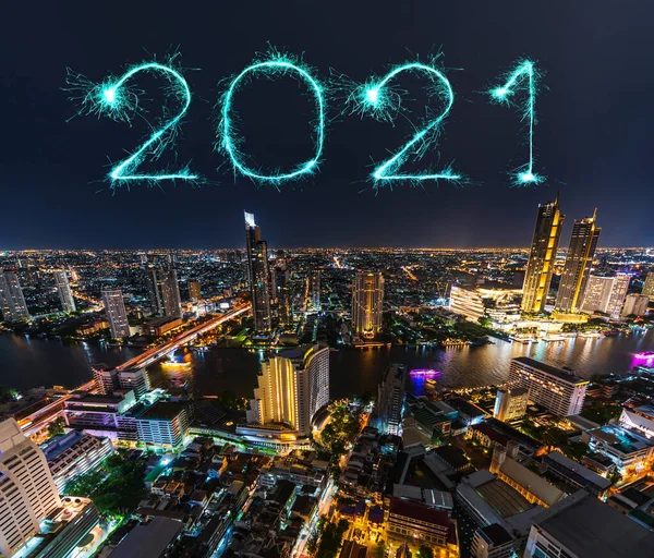 2021 Gelukkig Nieuwjaar Vuurwerk Vieren Boven Chao Phraya Rivier Bangkok — Stockfoto