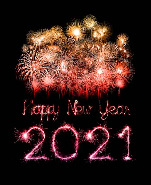 2021 Happy New Year Fireworks Written Sparkling Sparklers Night — Stock Photo, Image