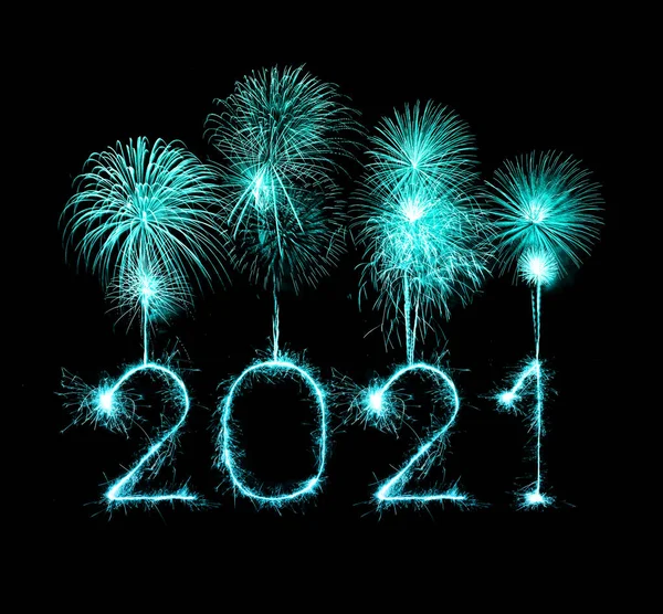 2021 Szczęśliwego Nowego Roku Fajerwerki Napisane Musujące Ognie Nocy — Zdjęcie stockowe