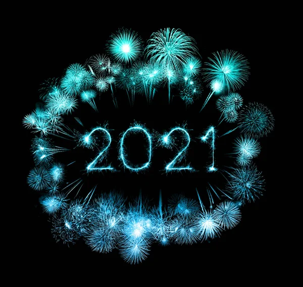 2021 Happy New Year Fireworks Written Sparkling Sparklers Night — Stock Photo, Image