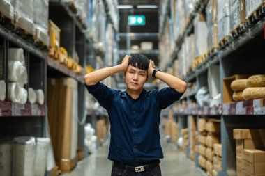 Stresli erkek müdür depoda.