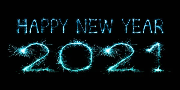 2021 Feliz Año Nuevo Fuegos Artificiales Escritos Brillantes Chispas Noche — Foto de Stock