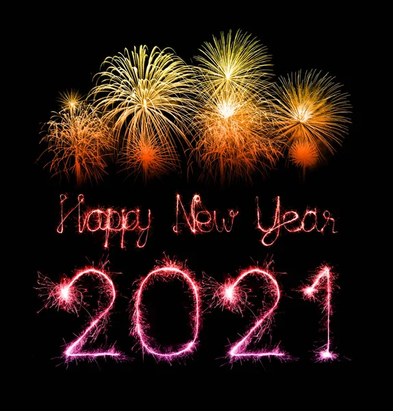 2021 Šťastný Nový Rok Ohňostroj Napsal Jiskřivé Jiskry Noci — Stock fotografie