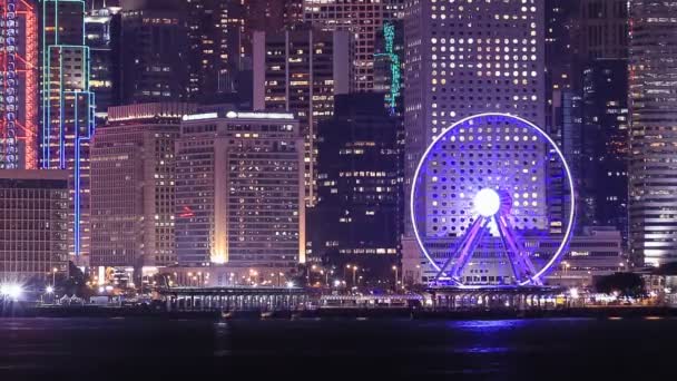 Time Lapse Paesaggio Urbano Notturno Ruota Panoramica Hong Kong — Video Stock