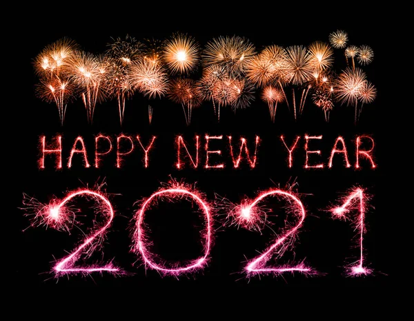 2021 Happy New Year Fireworks Written Sparkling Sparklers Night — Stock Photo, Image