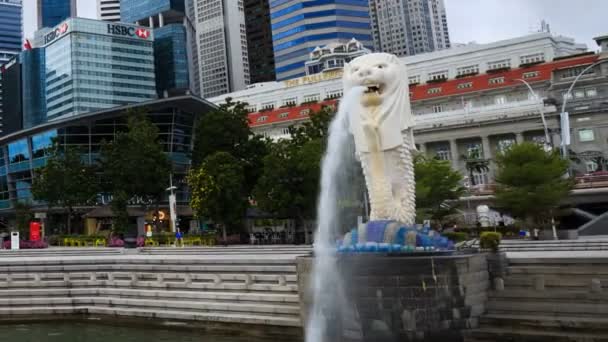 Merlion Szoborszökőkút Időeltolódása Merlion Parkban Híres Szingapúri Helyen — Stock videók