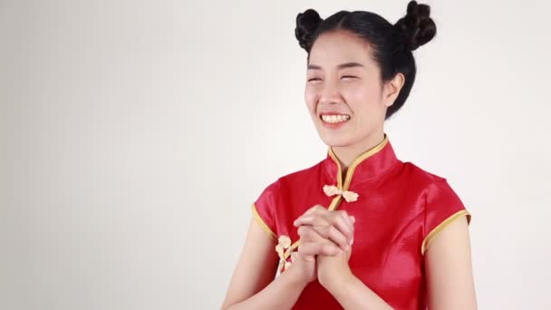 Belle Femme Porter Cheongsam Rouge Dans Concept Bonne Année Chinoise — Video