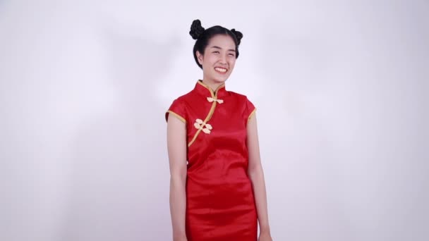 Mujer Feliz Celebración Bolsa Compras Celebración Del Año Nuevo Chino — Vídeo de stock