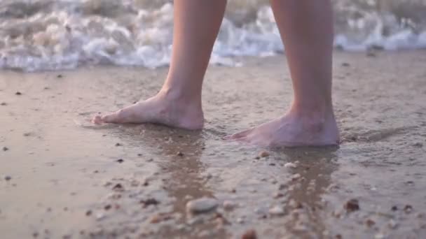 Медленное Движение Женских Ног Идущих Морскому Пляжу — стоковое видео