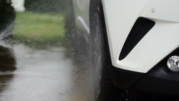 Slow Motion Water Spray Washing Car Wheel — Stock Video