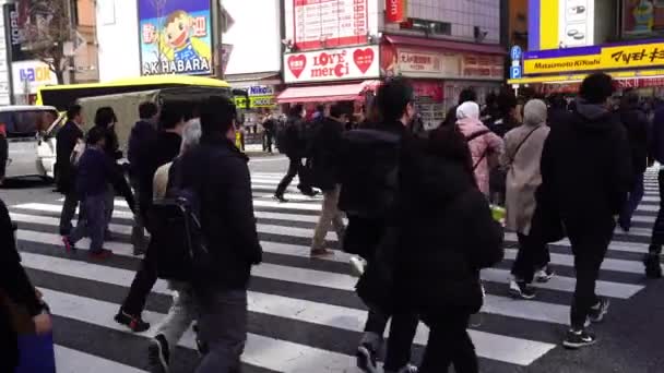 Akihabara Japan Mars 2019 Panorering Skott Människor Går Över Gatan — Stockvideo